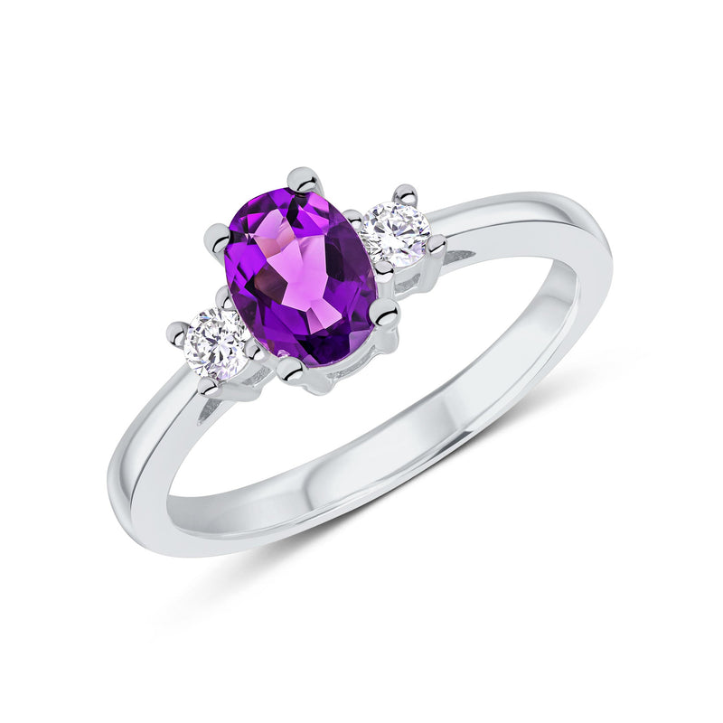 9ct White Gold Oval Natural Amethyst & Natural Round Diamond Claw Set Three Stone Ring