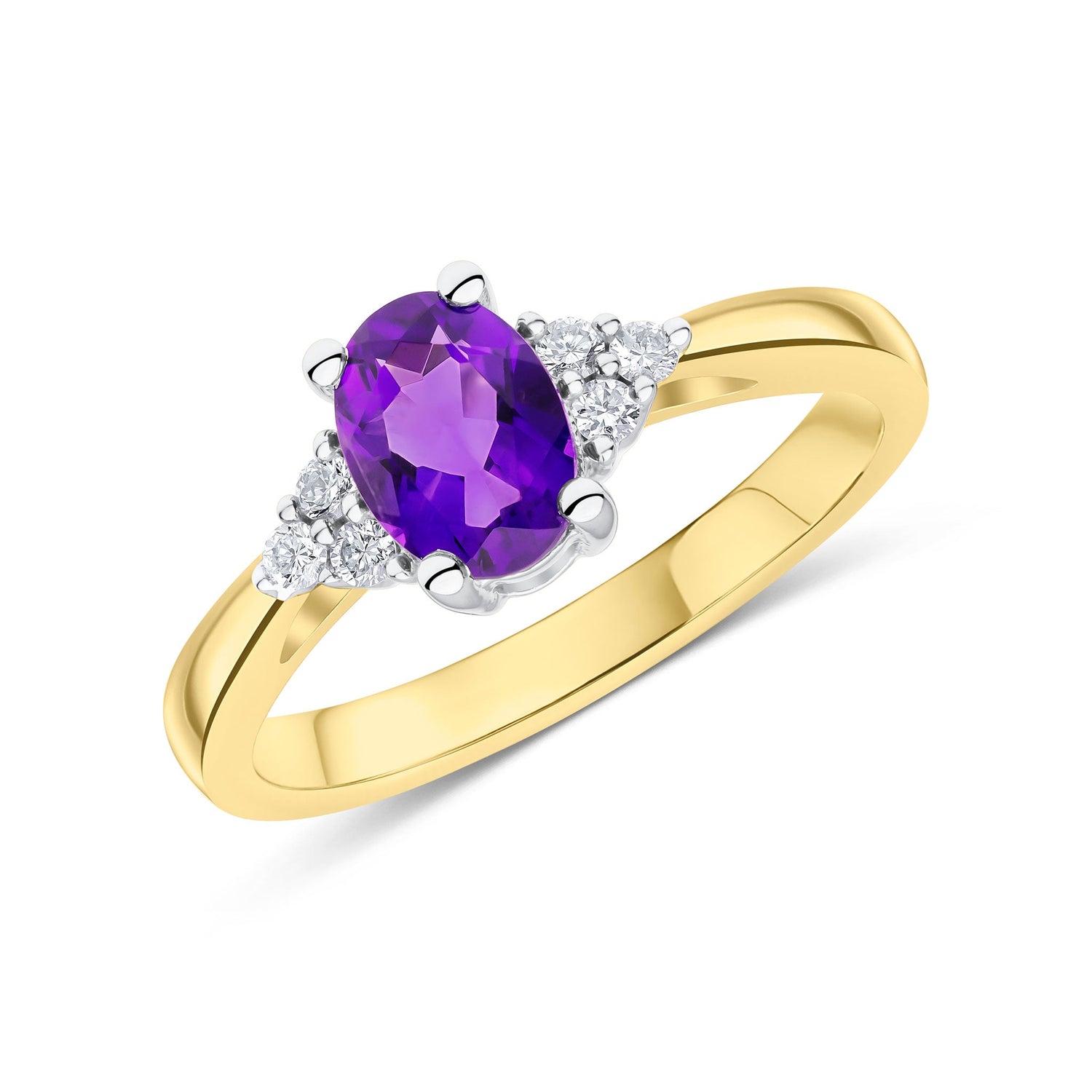 9ct Yellow Gold Oval Natural Amethyst and Diamond Trefoil Ring — 7x5mm