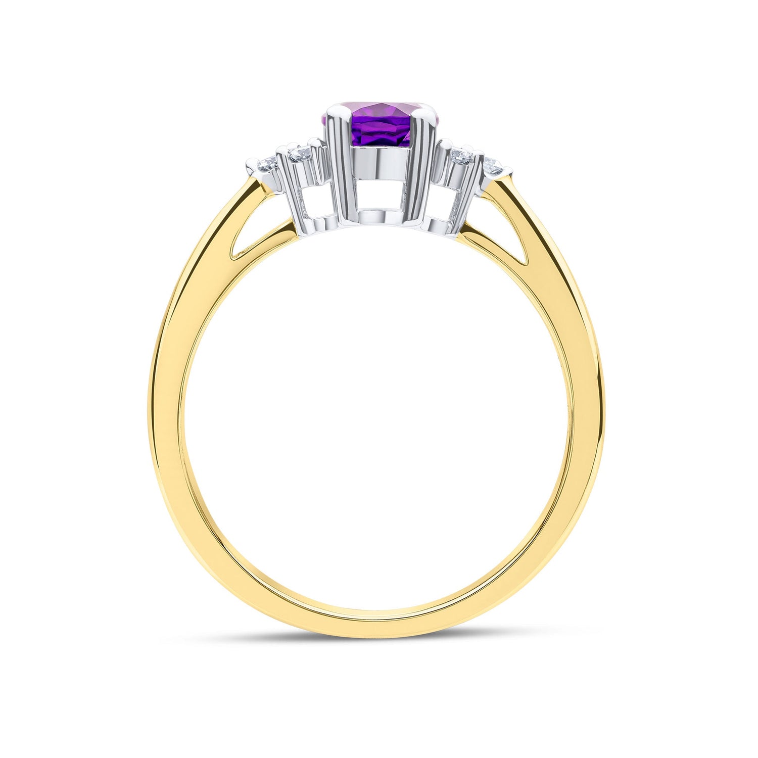 9ct Yellow Gold Oval Natural Amethyst and Diamond Trefoil Ring — 7x5mm