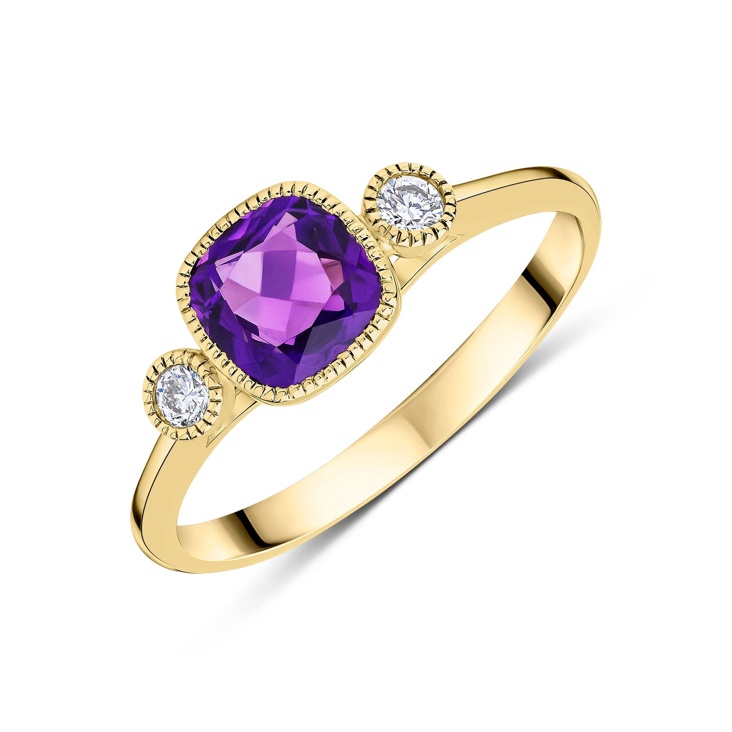9ct Yellow Gold Cushion Amethyst & Round Diamond Millegrain Set Three Stone Ring — 6mm