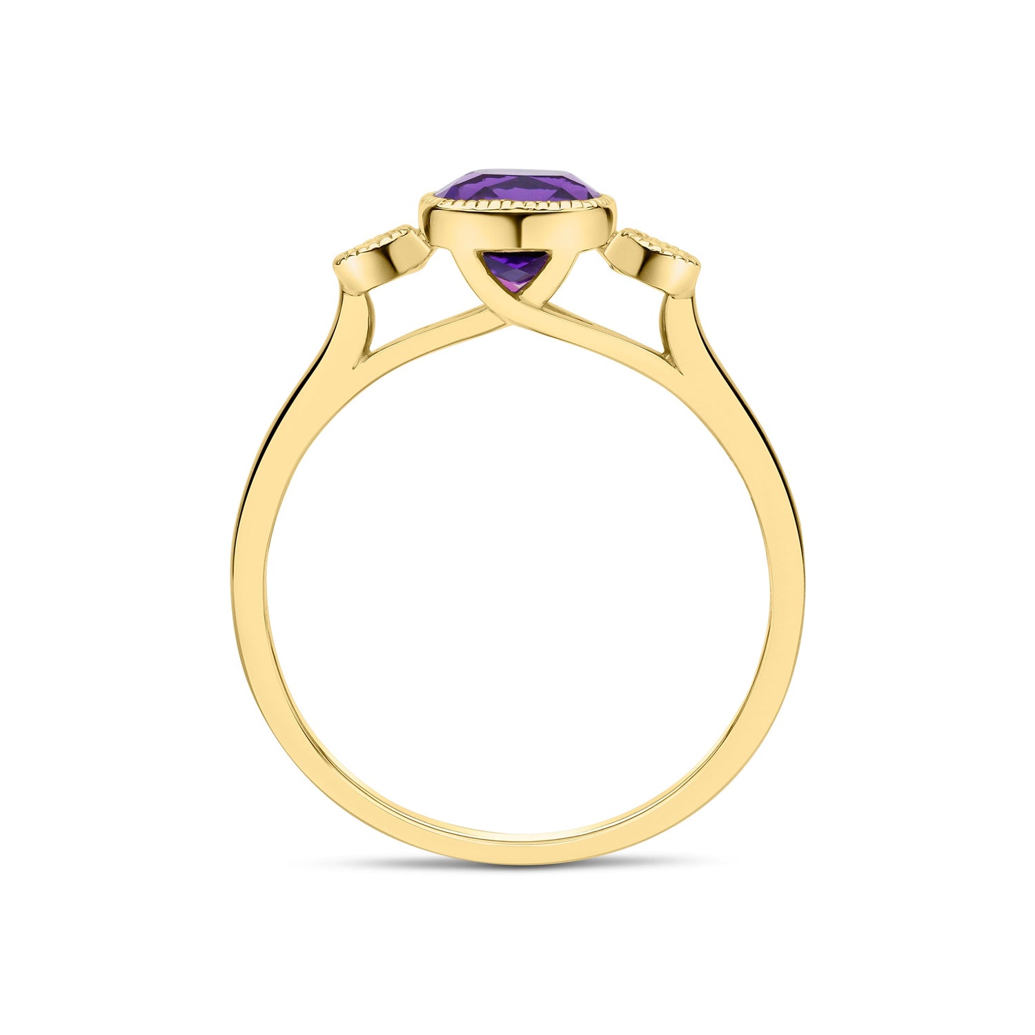 9ct Yellow Gold Cushion Amethyst & Round Diamond Millegrain Set Three Stone Ring — 6mm