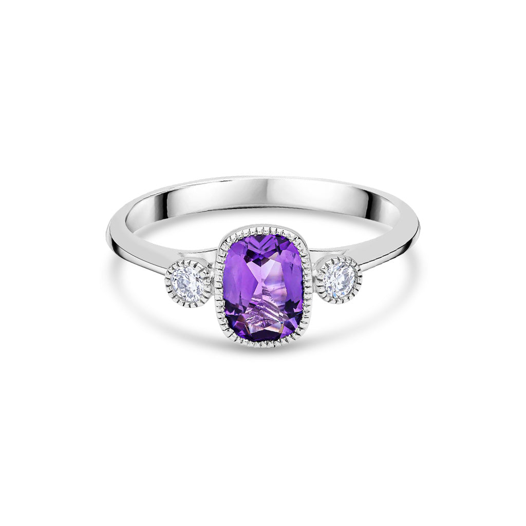 9ct White Gold Octagonal Cushion Cut Natural Amethyst and Round Diamond Millegrain Set Three Stone Ring — 7x5mm