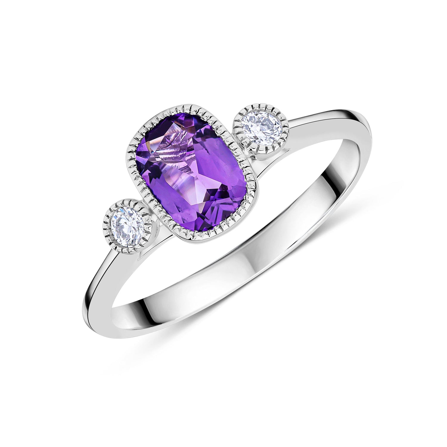 9ct White Gold Cushion Amethyst & Round Diamond Millegrain Set Three Stone Ring — 7x5mm