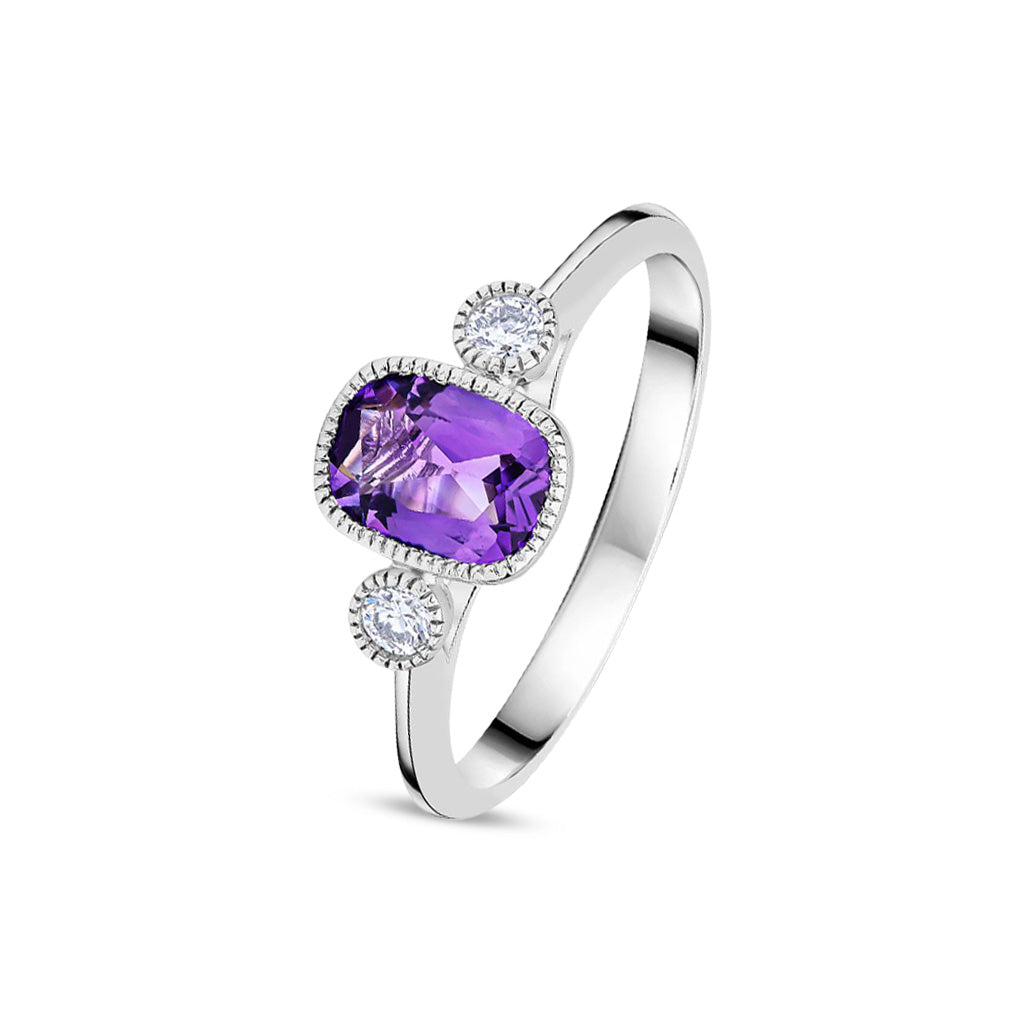 9ct White Gold Octagonal Cushion Cut Natural Amethyst and Round Diamond Millegrain Set Three Stone Ring — 7x5mm