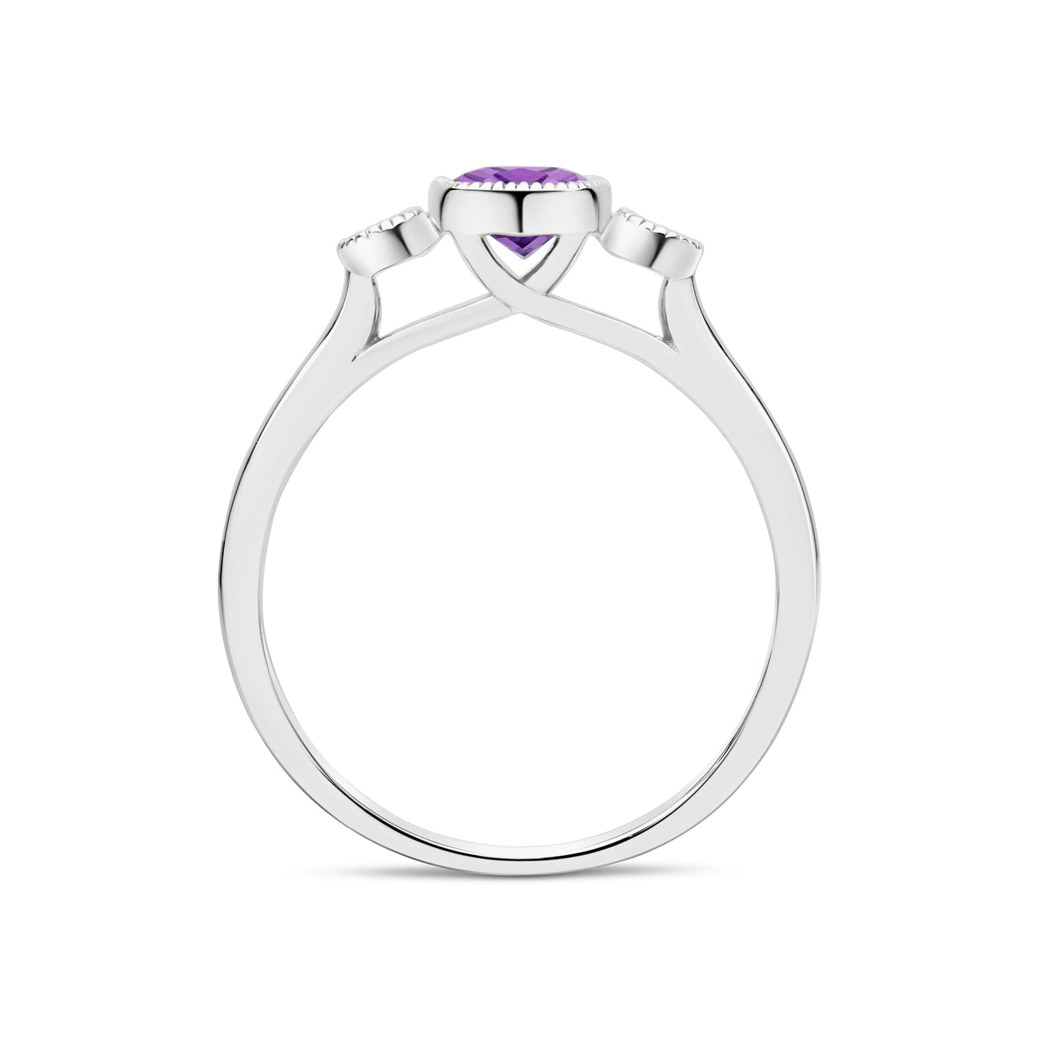 9ct White Gold Cushion Amethyst & Round Diamond Millegrain Set Three Stone Ring — 7x5mm