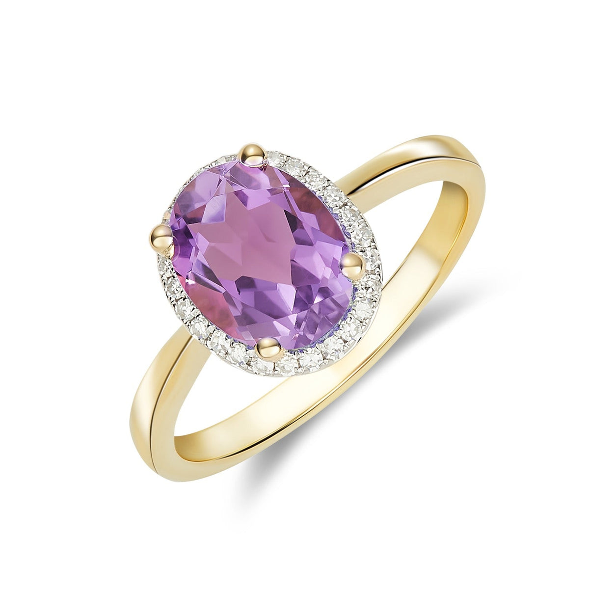 9ct Yellow Gold Oval Natural Amethyst & Natural Diamond Cluster Ring — 9×7mm