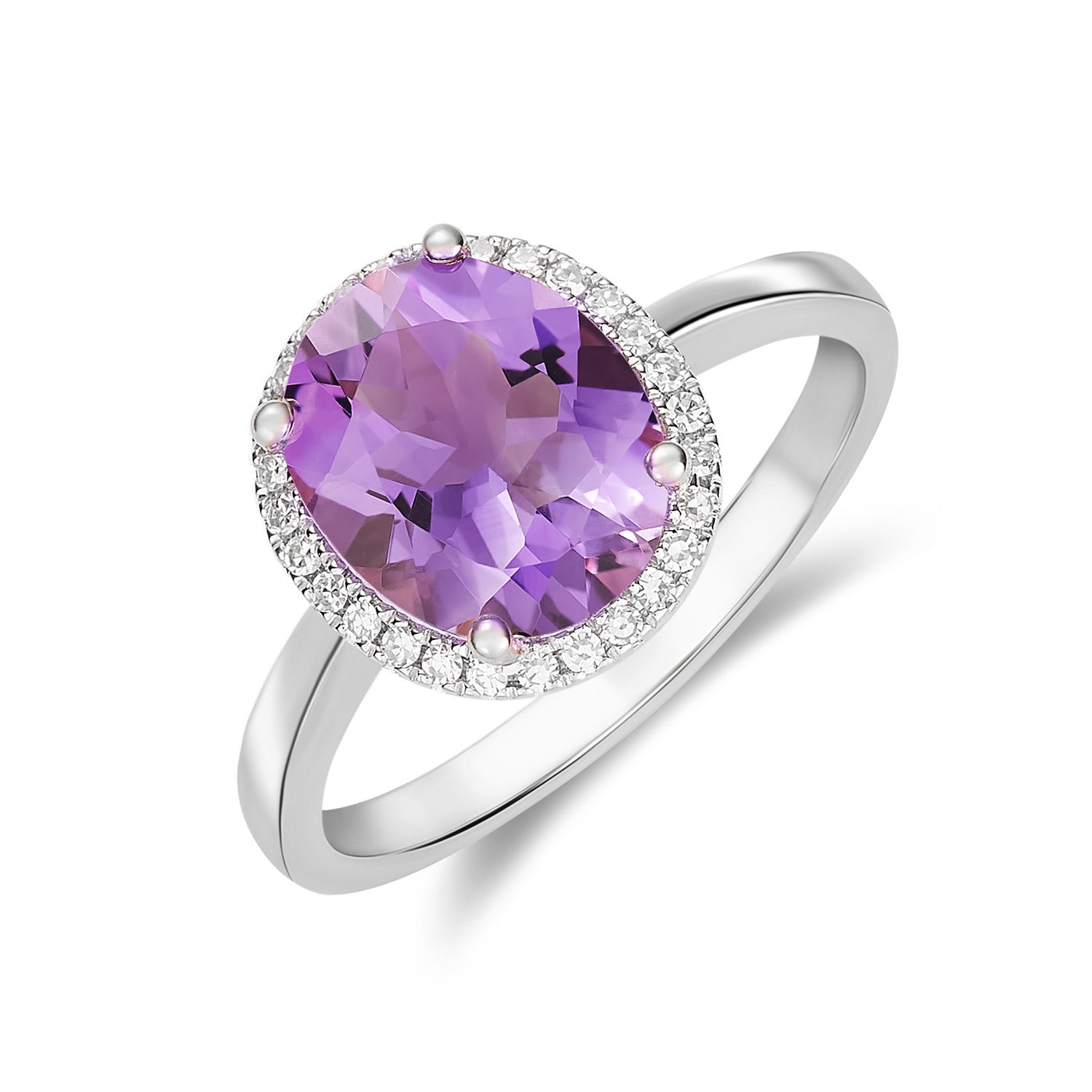 9ct White Gold Oval Natural Amethyst and Diamond Cluster Ring — 10x8mm