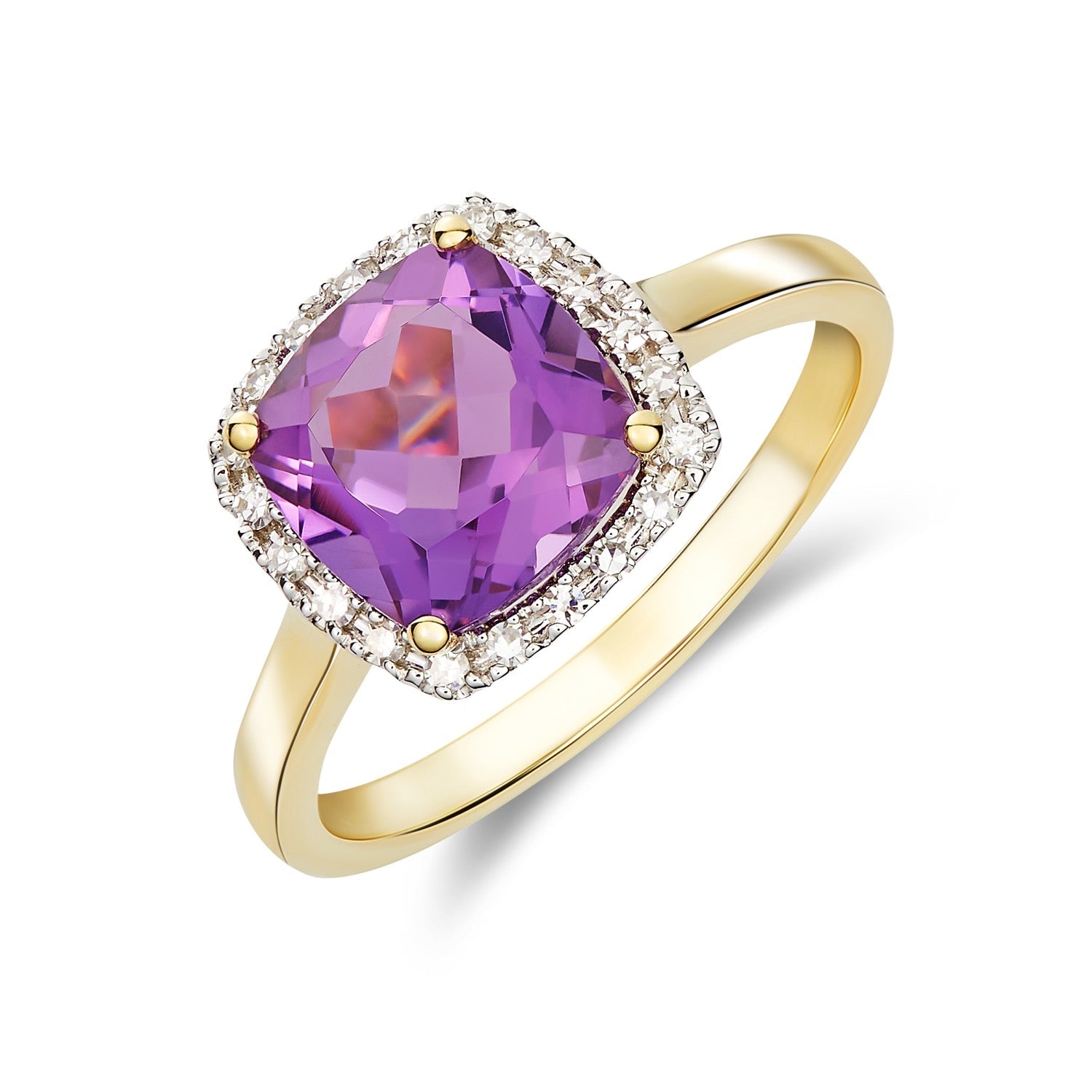 9ct Yellow Gold Cushion Amethyst and Diamond Cluster Ring — 8mm