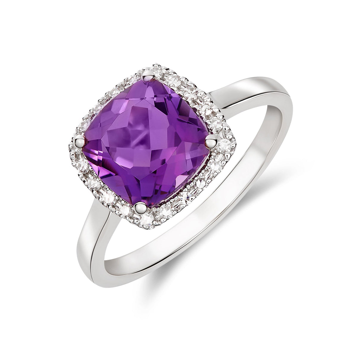 9ct White Gold Cushion Amethyst and Round Diamond Claw Set Cluster Ring — 8mm
