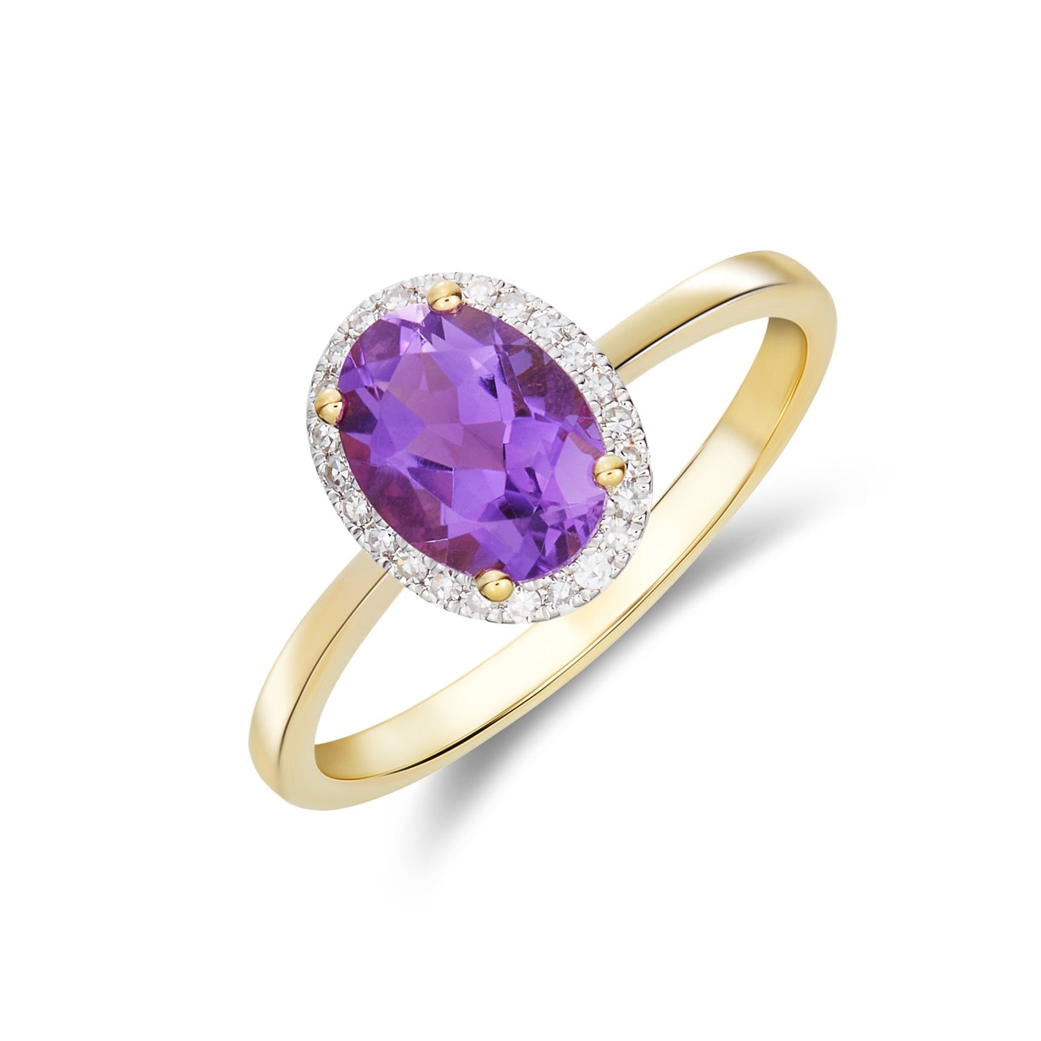 9ct Yellow Gold Oval Natural Amethyst and Diamond Cluster Ring — 8x6mm