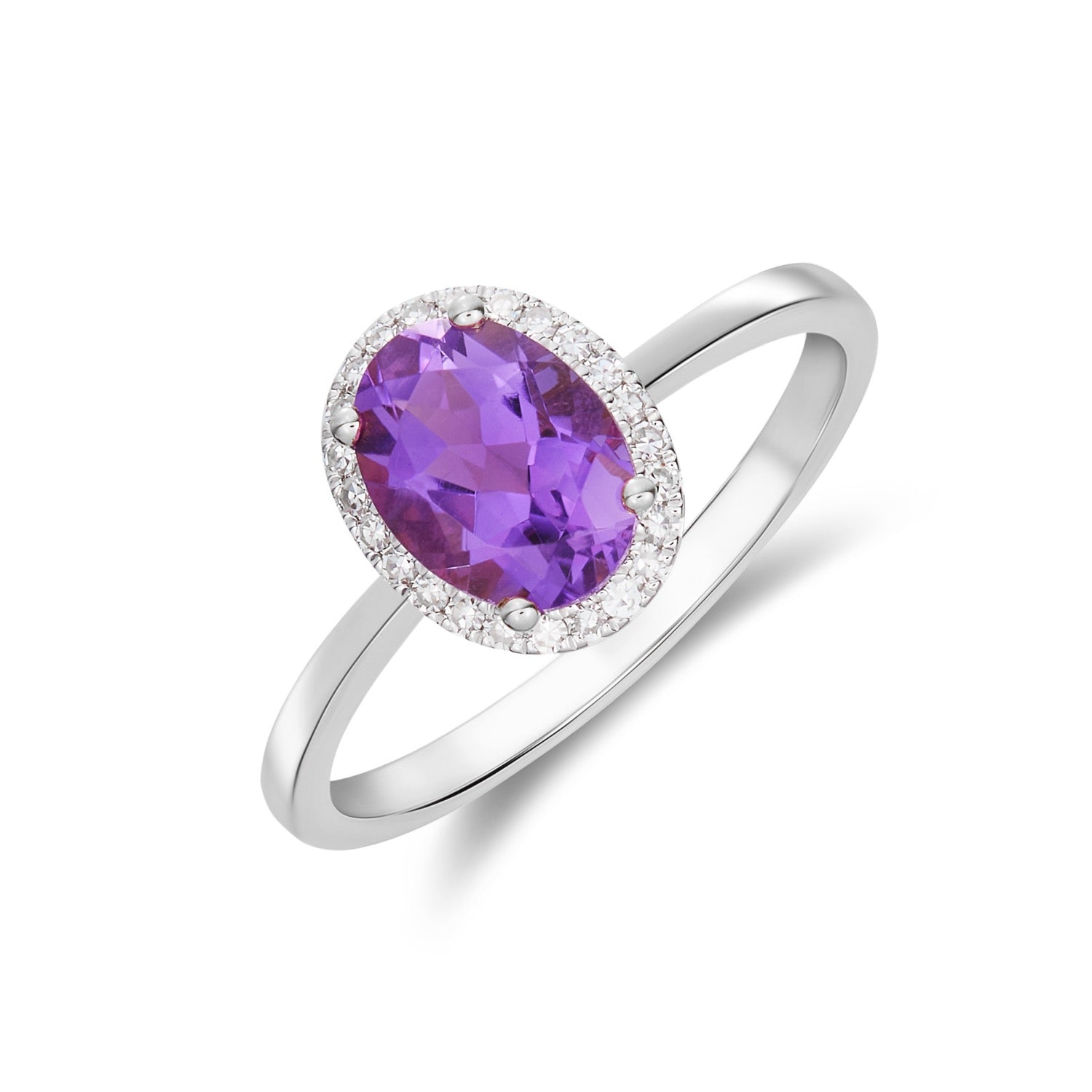 9ct White Gold Oval Amethyst & Diamond Claw Set Cluster Ring — 8x6mm