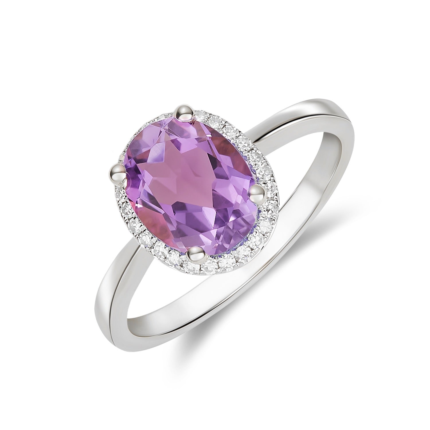 9ct White Gold Oval Amethyst & Diamond Claw Set Cluster Ring — 9x7mm