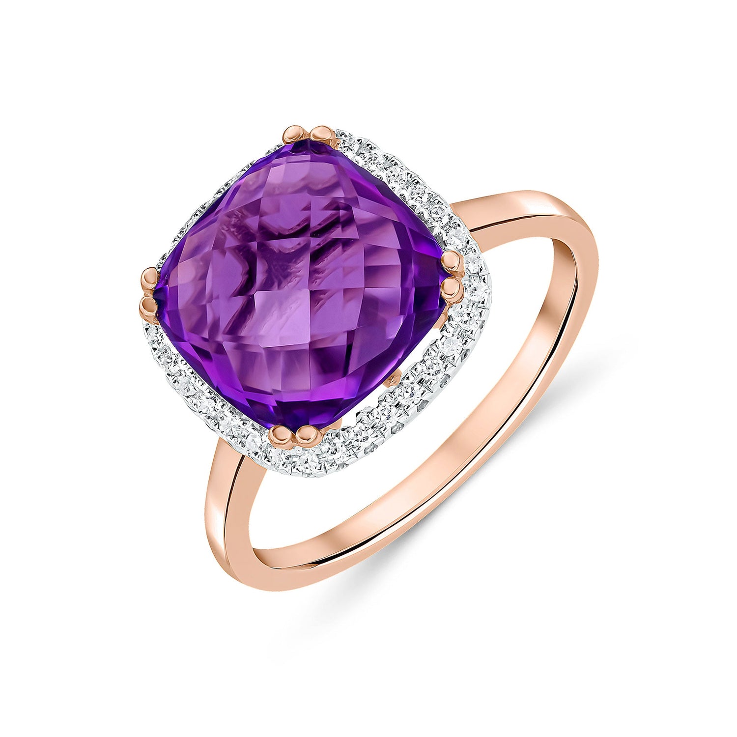 9ct Rose Gold Cushion Natural Amethyst and Diamond Cluster Ring — 10mm