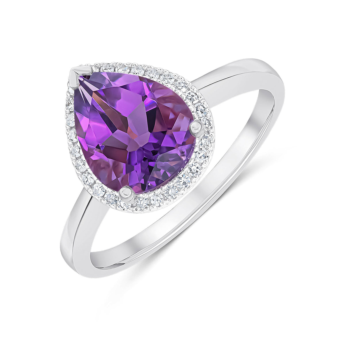 9ct White Gold Pear Shaped Natural Amethyst and Diamond Cluster Ring — 10x8mm