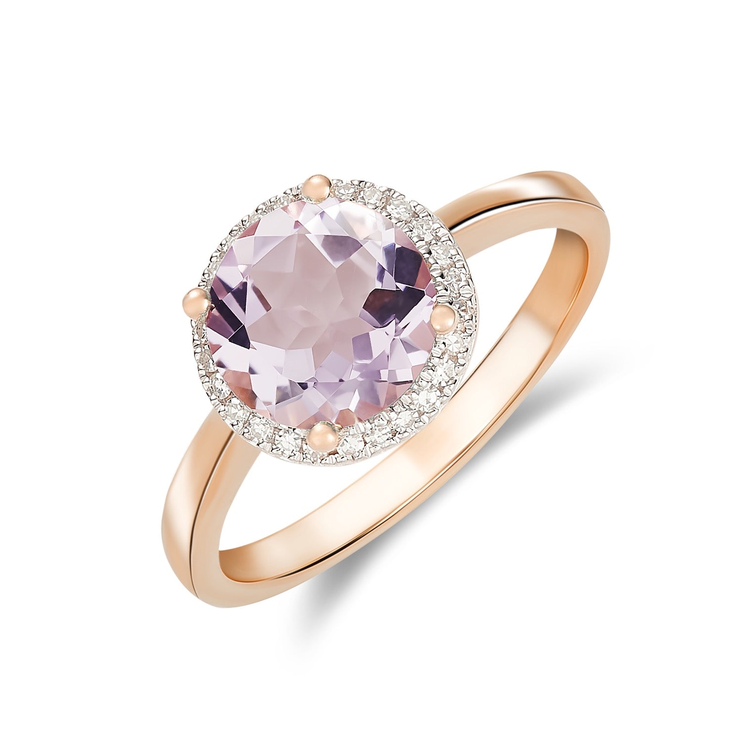 9ct Rose Gold Round Naturall Pink Amethyst and Diamond Cluster Ring — 8mm