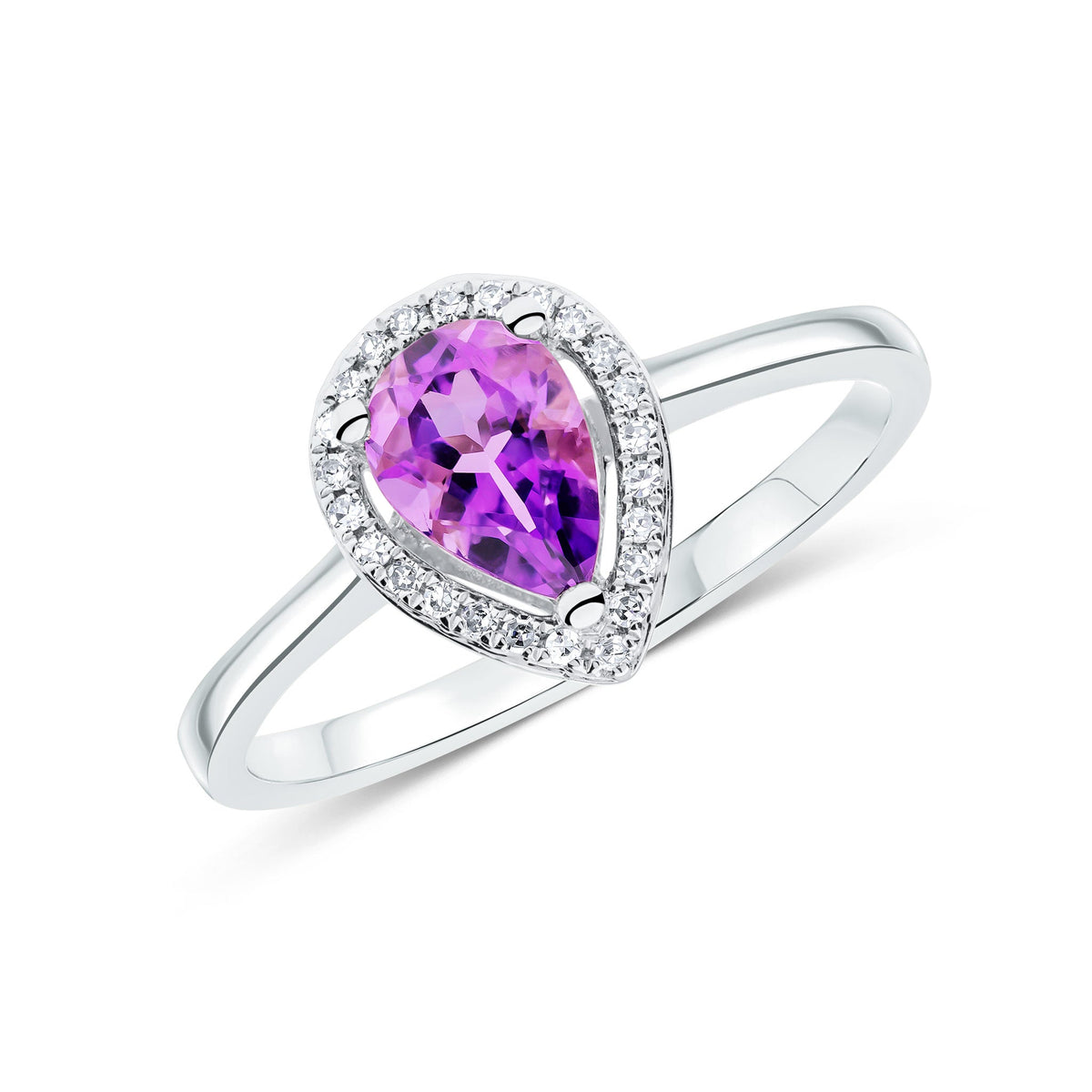 9ct White Gold Pear Shaped Natural Amethyst and Diamond Halo Cluster Ring — 7x5mm