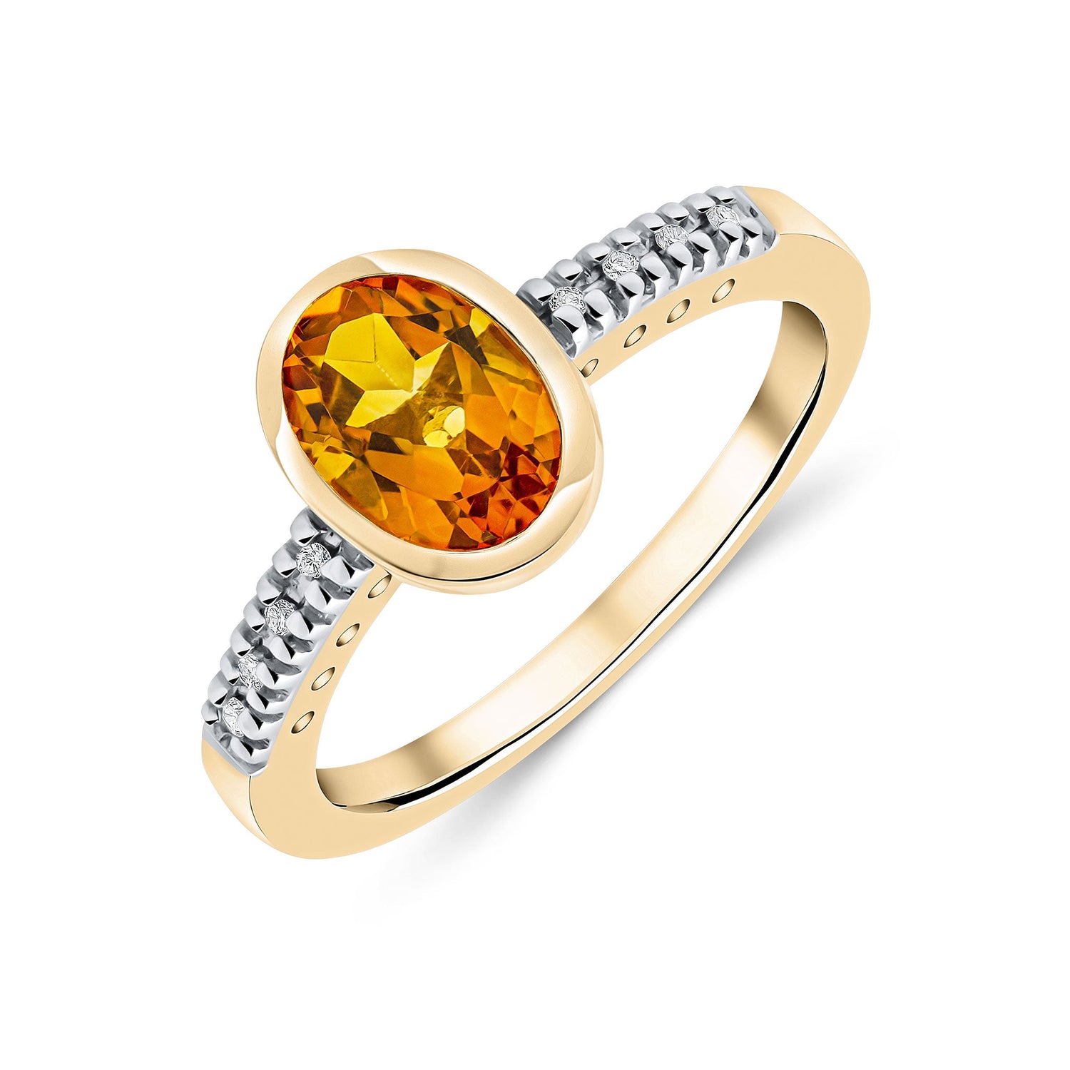 9CT Yellow Gold Oval Rubover Citrine Diamond Ring with Diamond Shoulders — 8x6mm