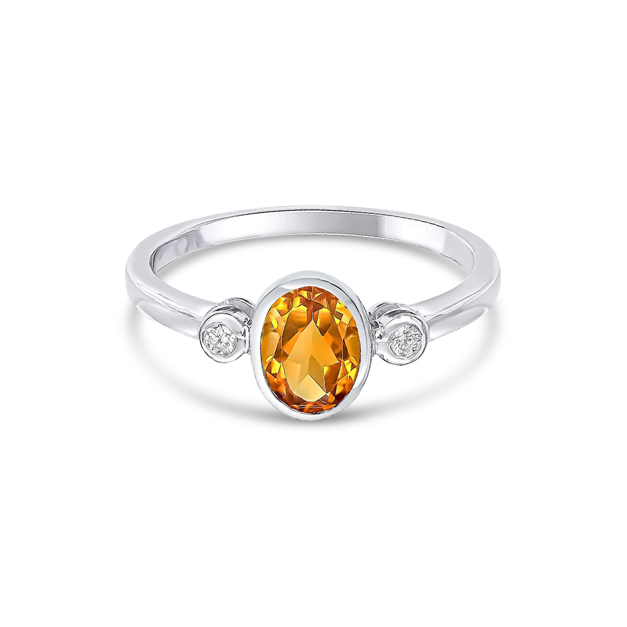 9ct White Gold Oval Natural Citrine and Diamond Three Stone Rubover Ring — 7x5mm