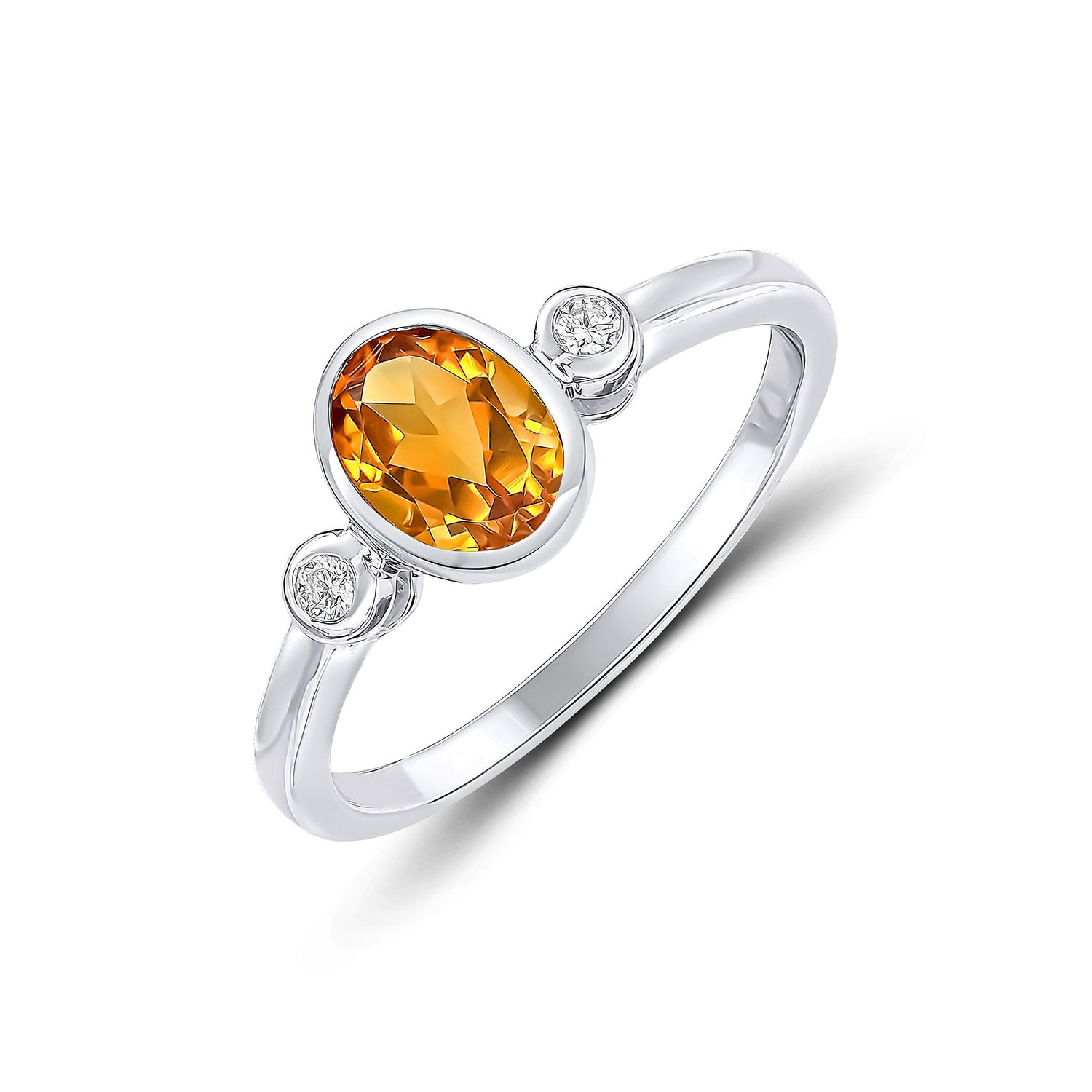 9ct White Gold Oval Citrine and Diamond Three Stone Rubover Ring — 7x5mm