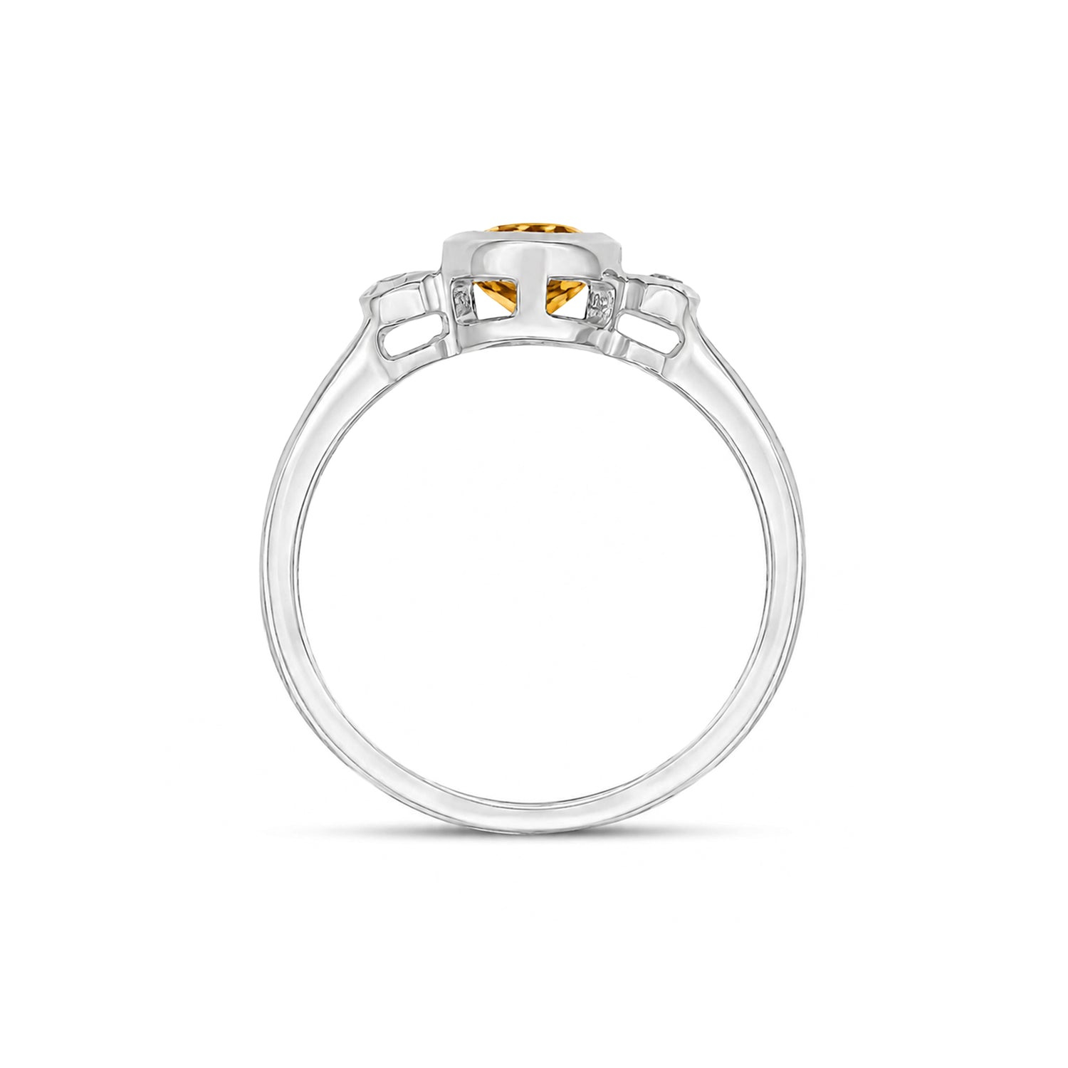 9ct White Gold Oval Natural Citrine and Diamond Three Stone Rubover Ring — 7x5mm