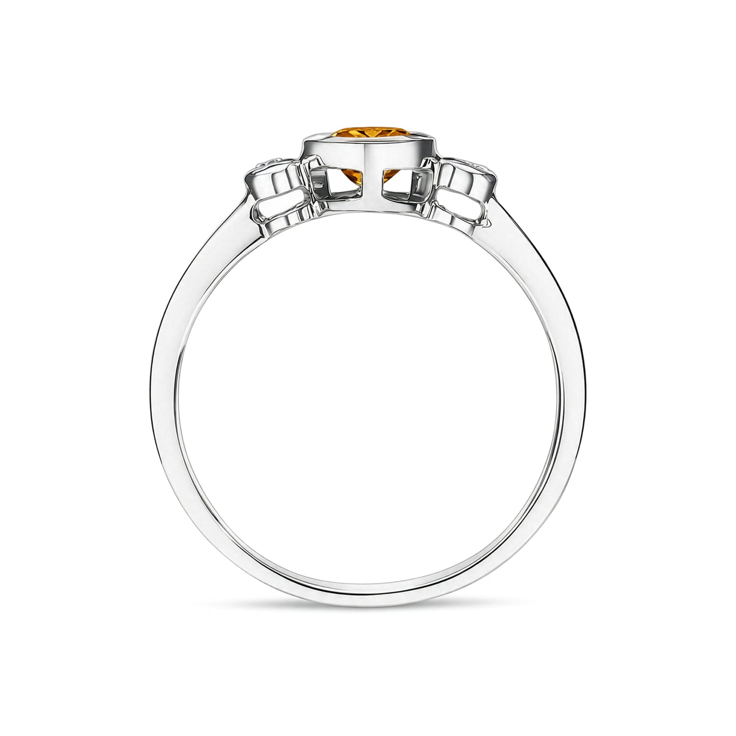 9ct White Gold Oval Natural Citrine and Diamond Three Stone Rubover Ring — 7x5mm