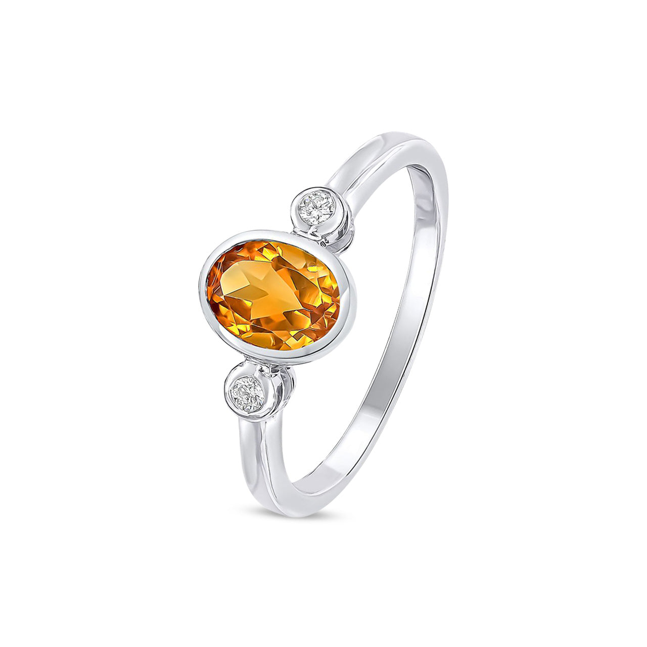 9ct White Gold Oval Natural Citrine and Diamond Three Stone Rubover Ring — 7x5mm