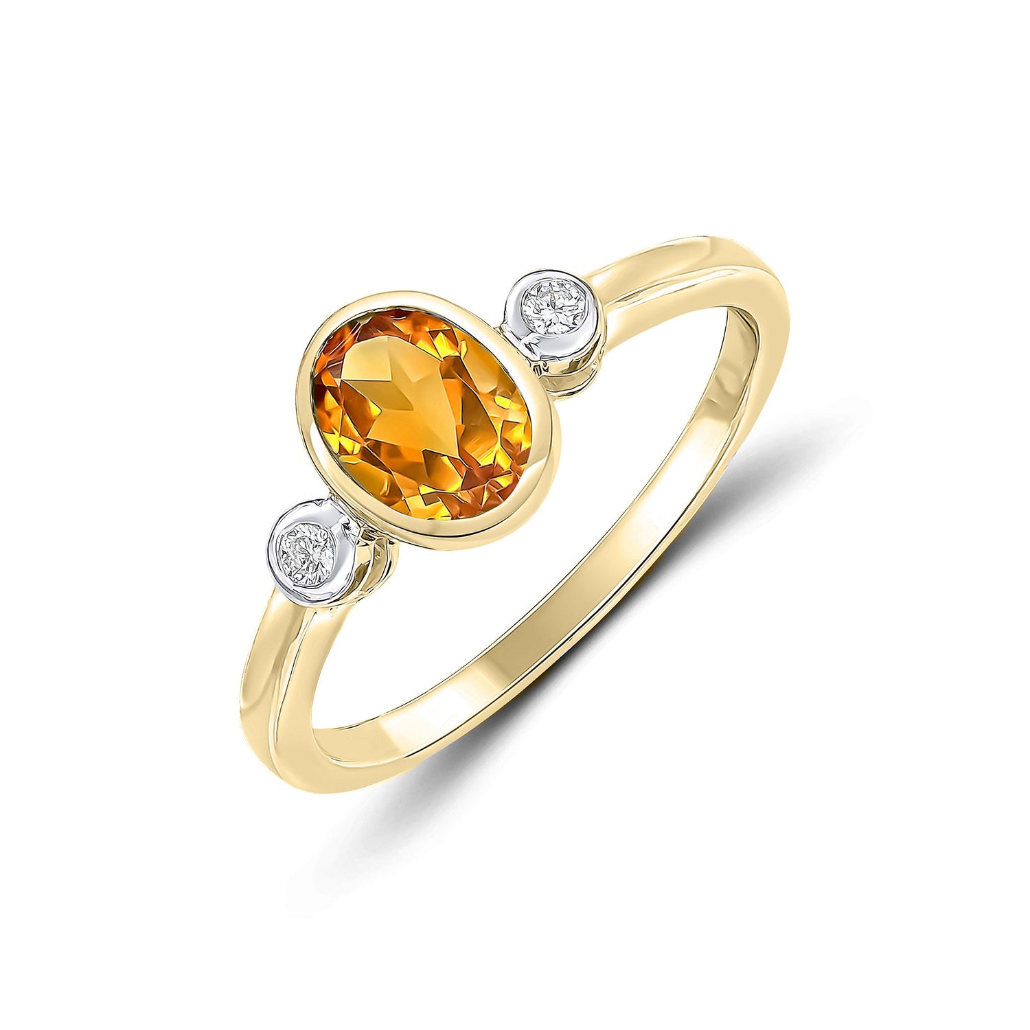9ct Yellow Gold Oval Citrine and Diamond Three Stone Rubover Ring
