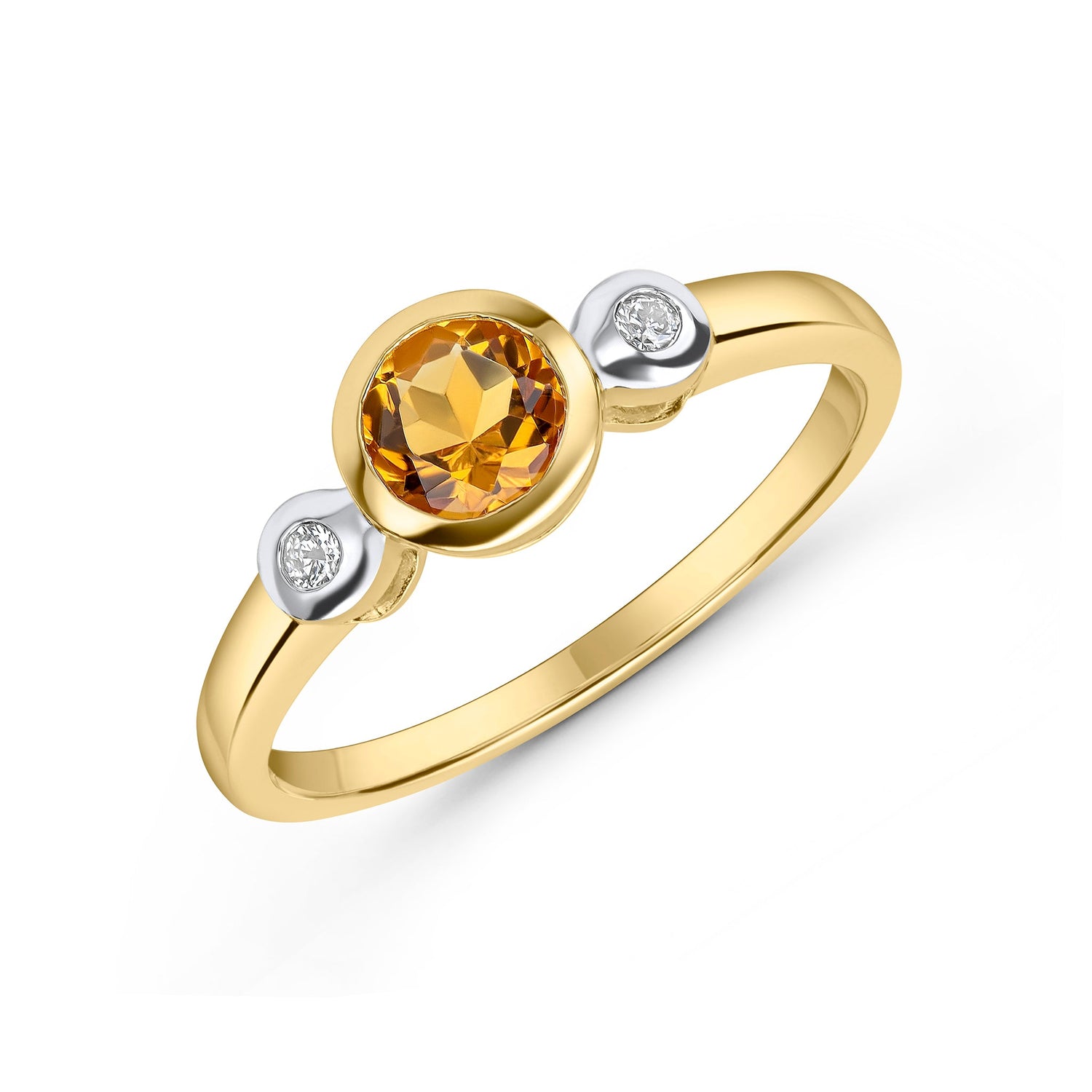 9ct Yellow Gold Round Citrine and Diamond Rubover Three Stone Ring — 5mm