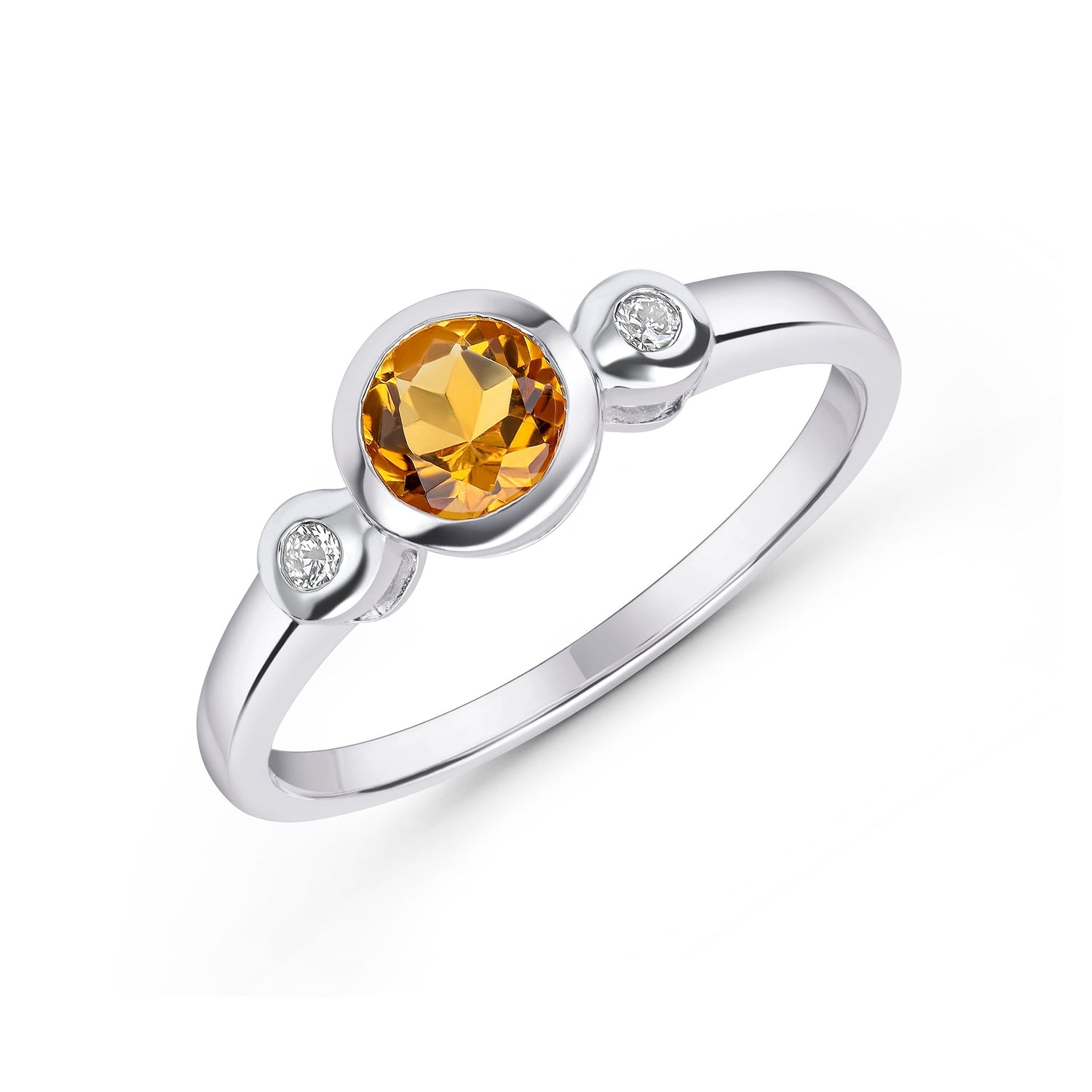 9ct White Gold Round Natural Citrine and Diamond Rubover Three Stone Ring — 5mm
