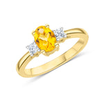 9ct Yellow Gold Oval Natural Citrine & Natural Round Diamond Claw Set Three Stone Ring