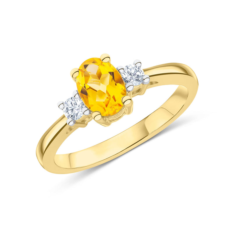 9ct Yellow Gold Oval Natural Citrine & Natural Round Diamond Claw Set Three Stone Ring