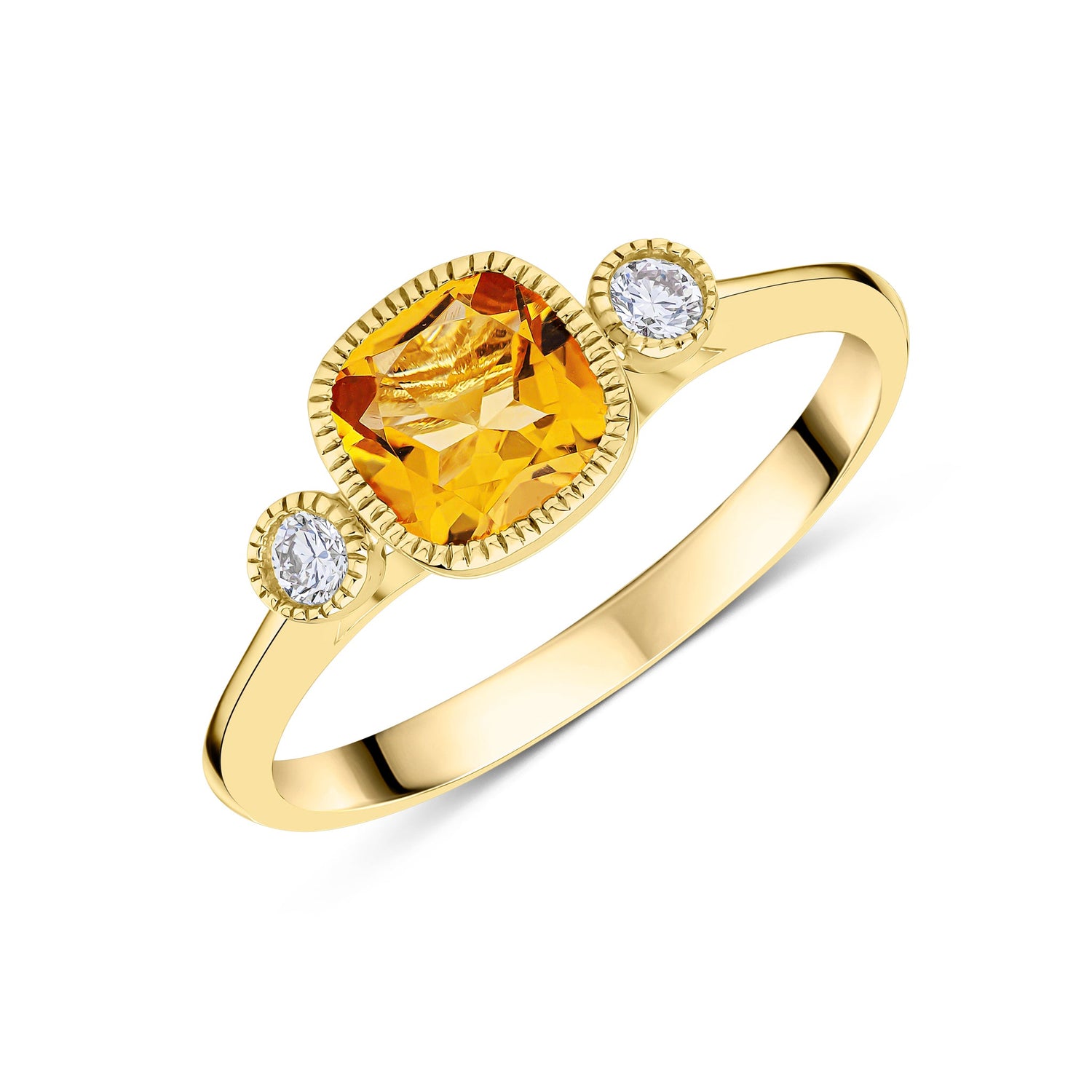 9ct Yellow Gold Cushion Citrine & Round Diamond Millegrain Set Three Stone Ring — 6mm