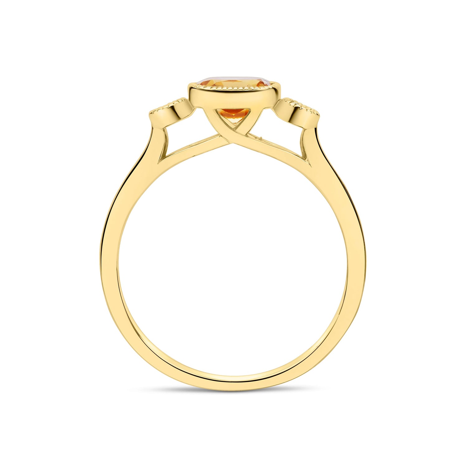 9ct Yellow Gold Cushion Citrine & Round Diamond Millegrain Set Three Stone Ring — 6mm