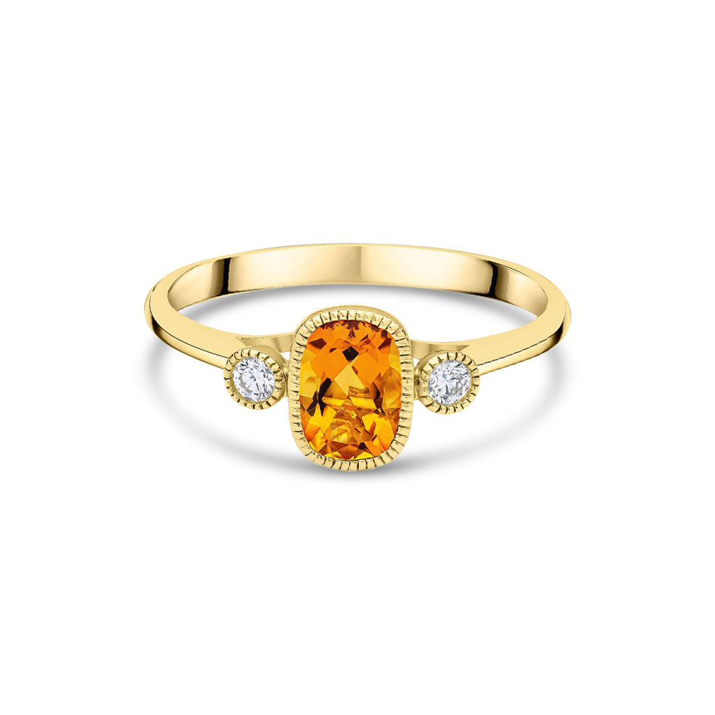 9ct Yellow Gold Octagonal Cushion Cut Natural Citrine and Round Diamond Millegrain Set Three Stone Ring — 7x5mm