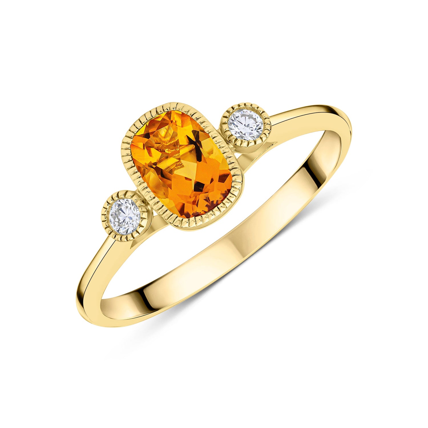 9ct Yellow Gold Cushion Citrine & Round Diamond Millegrain Set Three Stone Ring — 7x5mm