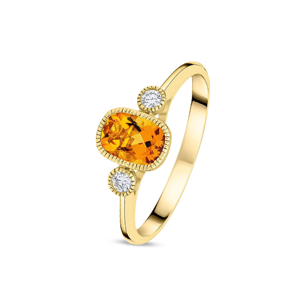 9ct Yellow Gold Octagonal Cushion Cut Natural Citrine and Round Diamond Millegrain Set Three Stone Ring — 7x5mm