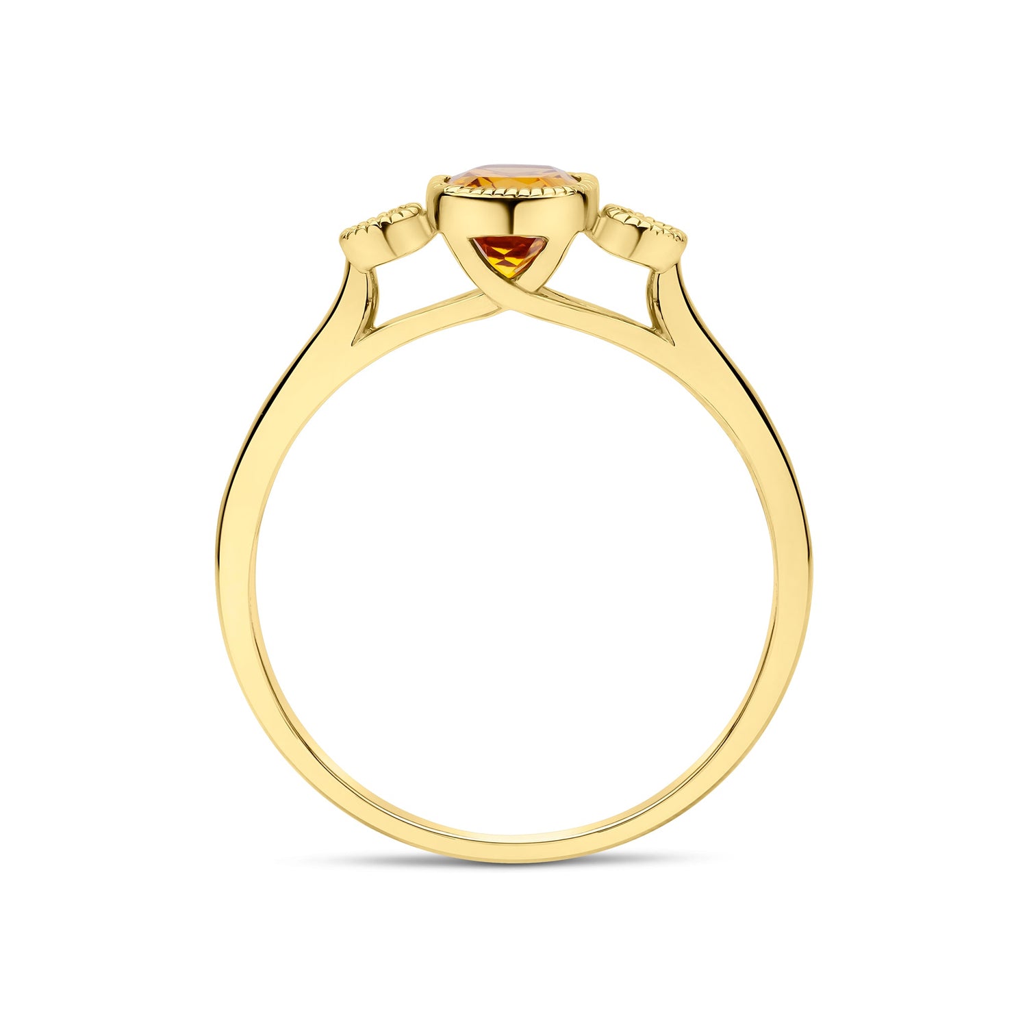9ct Yellow Gold Cushion Citrine & Round Diamond Millegrain Set Three Stone Ring — 7x5mm
