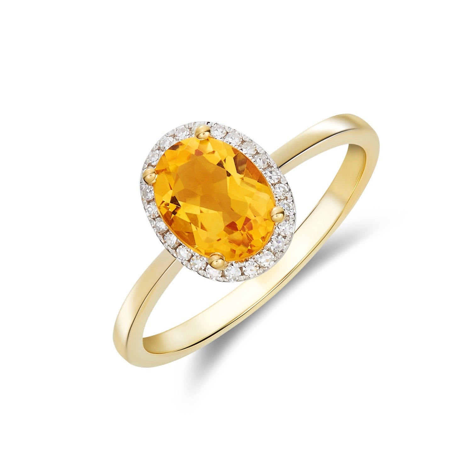 9ct Yellow Gold Oval Citrine and Diamond Claw Set Cluster Ring — 8x6mm