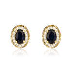 9ct Yellow Gold Oval Natural Sapphire & Diamond Rope Edge Cluster Stud Earrings — 6x4mm