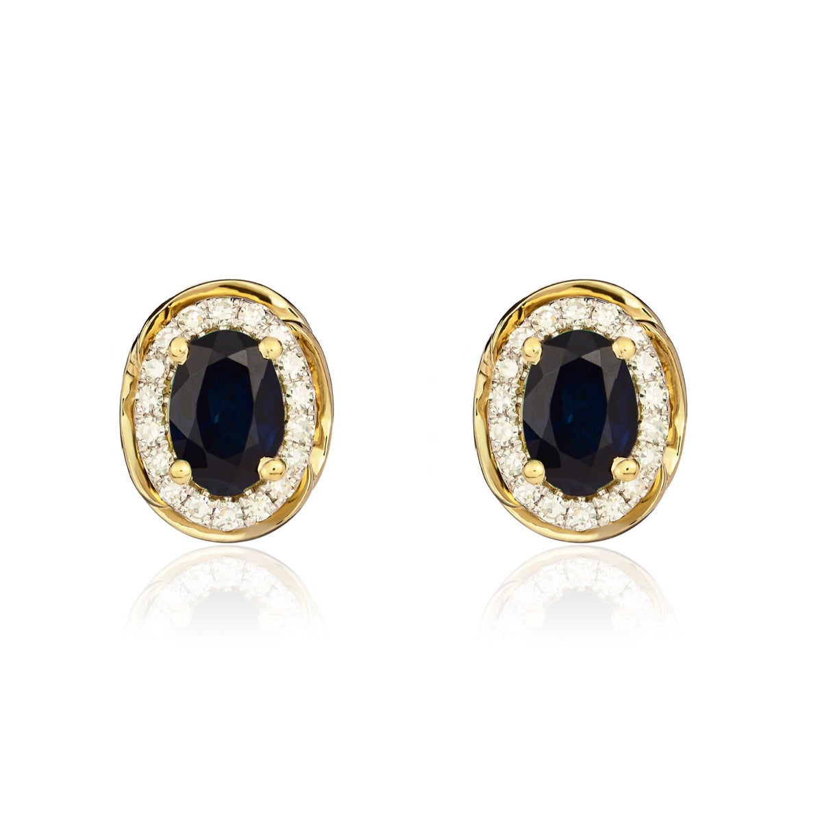 9ct Yellow Gold Oval Natural Sapphire & Diamond Rope Edge Cluster Stud Earrings — 6x4mm