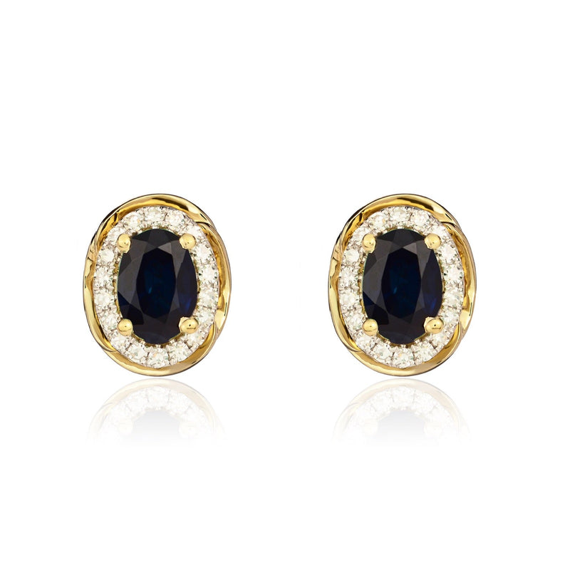 9ct Yellow Gold Oval Natural Sapphire & Diamond Rope Edge Cluster Stud Earrings — 6x4mm
