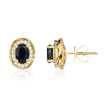 9ct Yellow Gold Oval Natural Sapphire & Diamond Rope Edge Cluster Stud Earrings — 6x4mm
