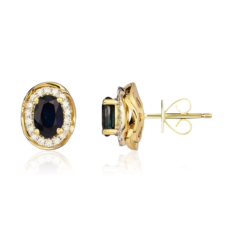 9ct Yellow Gold Oval Natural Sapphire & Diamond Rope Edge Cluster Stud Earrings — 6x4mm
