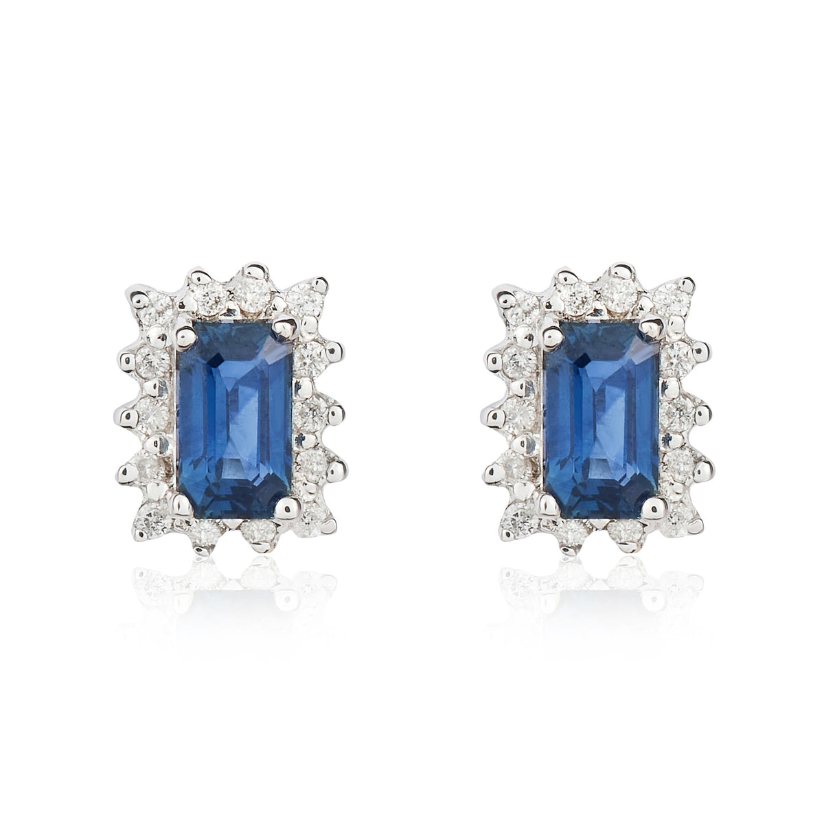 9ct White Gold Octagonal Natural Sapphire & Diamond Cluster Stud Earrings — 5x3mm