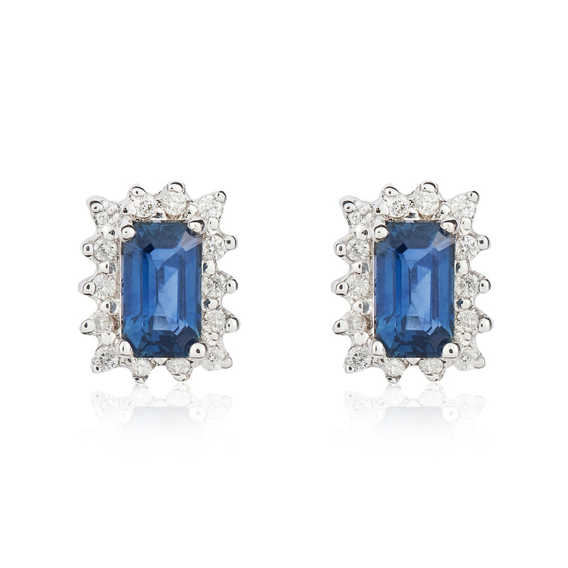9ct White Gold Octagonal Natural Sapphire & Diamond Cluster Stud Earrings — 5x3mm