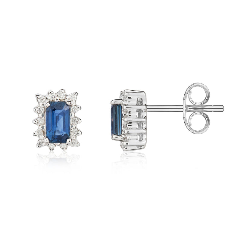 9ct White Gold Octagonal Natural Sapphire & Diamond Cluster Stud Earrings — 5x3mm