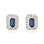 9ct White Gold Octagonal Natural Sapphire & Diamond Claw Set Cluster Stud Earrings — 5x3mm