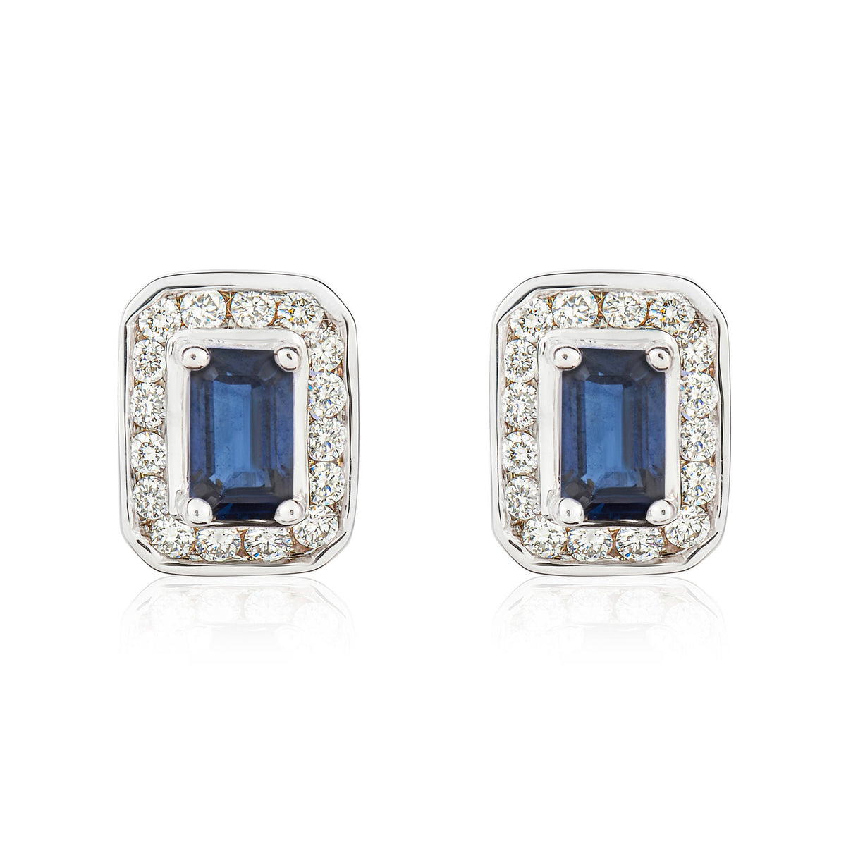 9ct White Gold Octagonal Natural Sapphire & Diamond Claw Set Cluster Stud Earrings — 5x3mm