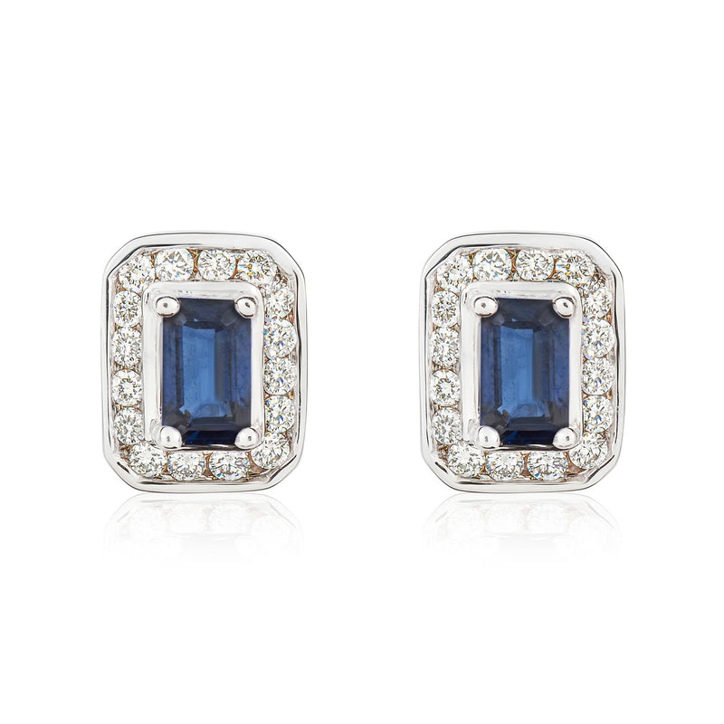 9ct White Gold Octagonal Natural Sapphire & Diamond Claw Set Cluster Stud Earrings — 5x3mm