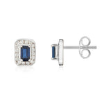 9ct White Gold Octagonal Natural Sapphire & Diamond Claw Set Cluster Stud Earrings — 5x3mm